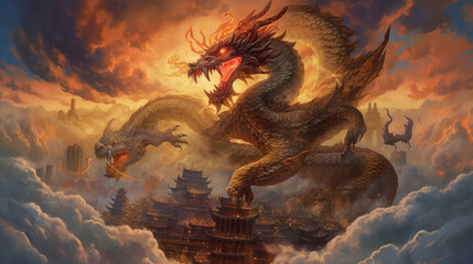 Wall Mural - A chinese giant dragon stands on a cloud, generative ai