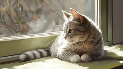 Naklejka na meble Cute foldeared cat on window with sun from it, generative ai