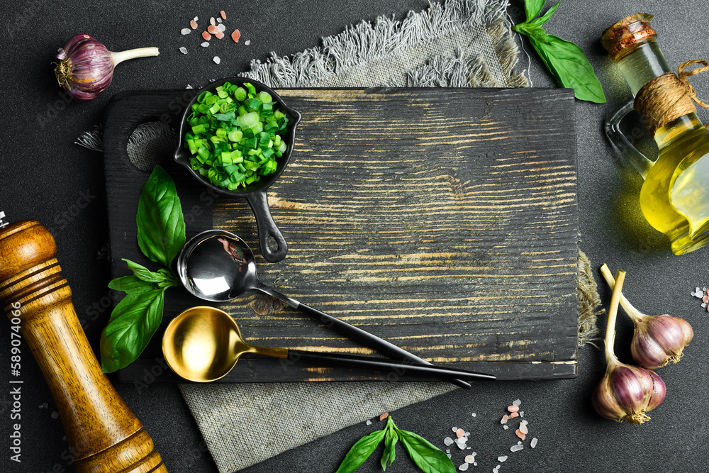 Cooking background. Kitchen table with spices and vegetables. Healthy ...