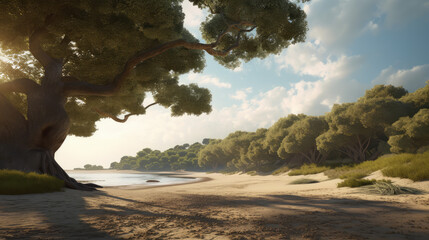 Wall Mural - Seaside with wooded beach with wild forest around, generative ai