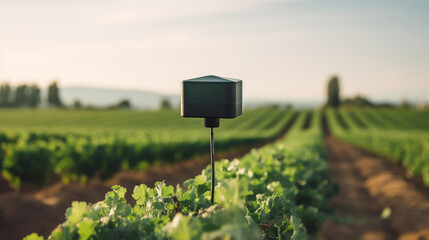 Small device LoRaWAN sensor tech on dark green soil and vineyard, generative ai