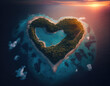 © RocknRoller Studios - Exotic Island in the Shape of a Love Heart. Sunset Aerial Shot, Vacation Concept. Generative AI.