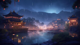 Fototapeta Do pokoju - Landscape with old chinese town with lights and lampions, generative ai