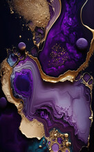 Flowing Elegant Design Background In Beautiful Purple And Black Colors. Paint Texture With Gold Powder. Generative AI.