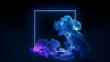 © RocknRoller Studios - Blue and Purple Neon Light with Cloud Formation. Square shaped Fluorescent Frame in Dark Environment.