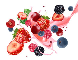 Poster - Mix berries smooth fruit with liquid plashing of Tropical fruits isolated on white background. Vector in 3D illustrations.