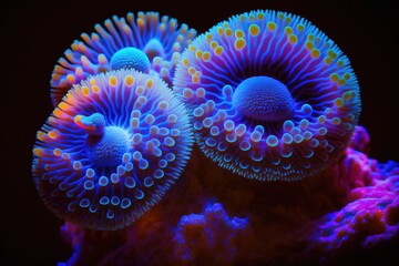 Wall Mural - under blue fluorescent lighting, zoanthid corals flourish in a reef aquarium. generative ai