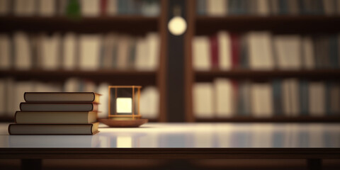 Books on a table in a Library room, blur background library, library concept design