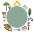 © Ekaterina - Watercolor adventure set round background frame, boat camp outdoor tourist backpack symbols