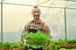 © Prathankarnpap - Smiling male organic farmer holding crate of seedlings ready for planting in greenhouse