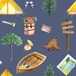 © Ekaterina - Watercolor camping seamless dark background pattern, adventure outdoor tourist backpack tent wallpaper