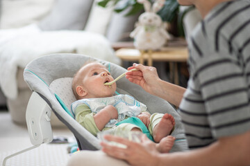 Wall Mural - Mother spoon feeding her baby boy child in baby chair with fruit puree. Baby solid food introduction concept