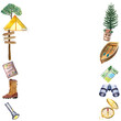 © Ekaterina - Watercolor adventure set vertical frame, camp outdoor tourist camping symbols