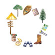© Ekaterina - Watercolor adventure set round background frame, boat camp outdoor tourist backpack symbols