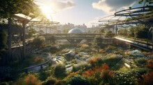 Futuristic City Park Boasts AI Irrigation And Neural Network Growth Optimization, With Hyper-Detailed Cinematic Flair And Beautiful HUID Interfaces, Generative AI
