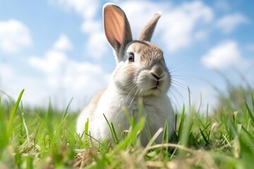 White Adorable Easter Bunny On Green Spring Grass Wholesome Atmospheric Art - Generative Ai - Ai - Generative