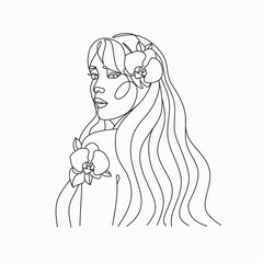 Wall Mural - A woman with long hair and an orchid in it line drawing . Beautiful girl minimalistic one line vector art with flowers on her head