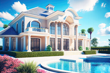 Luxury villa with pool in garden as modern exterior design architecture concept illustration (Generative AI)