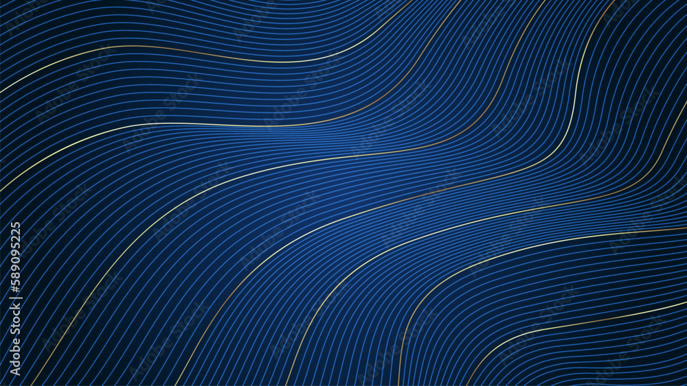 Luxury background with gold and blue wavy lines on navy background ...