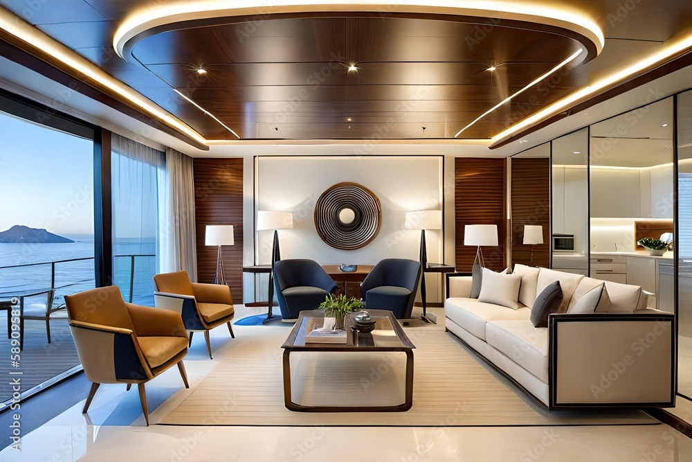 Italian interior design yacht with modern furniture Stock Illustration ...