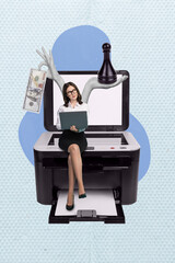 Poster - Vertical collage image of elegant mini girl sit big fax machine use netbook contemplate arms hold chess figure dollar banknote bill