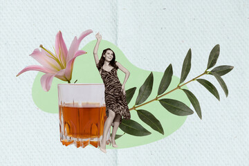 Sticker - Abstract collage picture of overjoyed positive mini girl dancing big whiskey glass fresh flower isolated on drawing background