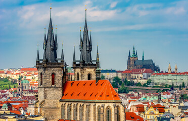 Wall Mural - Church of Our Lady before Tyn with Prague Castle at background, Czech Republic