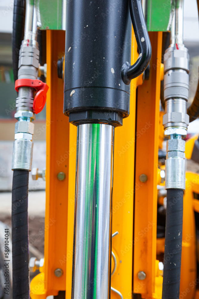 Haydraulic Spring Loader Hydraulic mechanisms of heavy loading equipment, close-up. Stock Photo ...