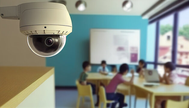 Wall Mural - CCTV monitorin, security cam or security camera in kindergarten classroom. AI Generated.