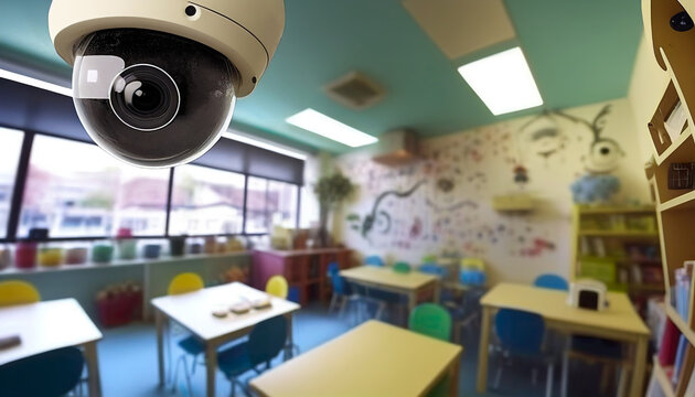 Wall Mural - CCTV monitorin, security cam or security camera in kindergarten classroom. AI Generated.