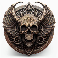 3D illustration of a devil skull with wings and metallic details for a T-shirt design logo