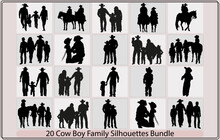 Boy And Girl Wearing Cowboy Hats Riding Running Horses With Their Father - Ranch Kids Black And White Vector Silhouette Design Set,silhouette Of Cowboy Dad Holding Boy,silhouette Cowboy And Girl Ridin