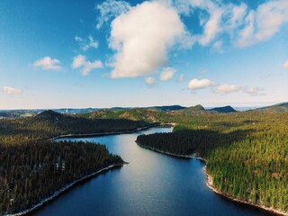 Poster - Lake in a green field under blue cloudy sky in Quebec, Canada