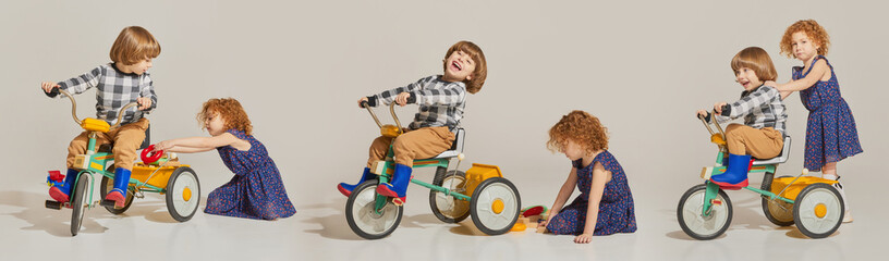 Collage with charming cute kids, siblings having fun together over beige background. Banner