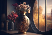 A Vase With Flowers In It Sitting On A Table In A Room With Arches And Windows And A Sky Background With Clouds In The Sky Above It And A Mirror On The Floor With A. Generative AI