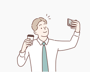 Wall Mural - Handsome Business man take a selfie of himself with smartphone. Hand drawn style vector design illustrations.