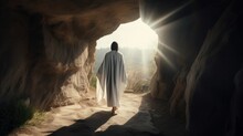 Jesus Christ In White Clothes Coming Out From The Cave. Resurrection Of Jesus. AI Generative.