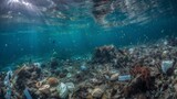 Fototapeta Do akwarium - Many plastic bottles and bags at the sea bottom. AI generative.