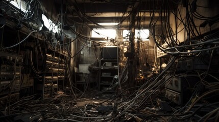 Many tangled wires in the old room. AI generative.