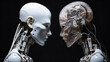 Human and humanoid robot with similar face staring into each other face to face