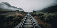 Railway Tracks In A Misty Scene - Generative AI