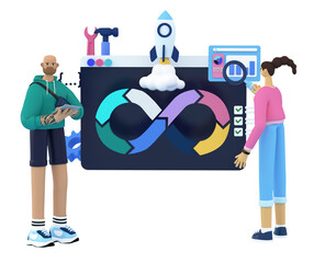 DevOps cycle concept illustration. Handsome beard man coding, building, planining. Woman testing, monitoring process. Release, deploy, operate icons floating around. 3d rendering image.