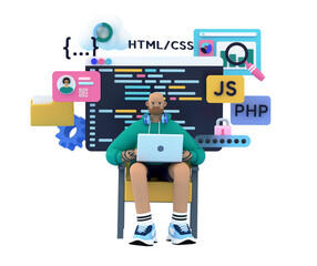 Wall Mural - programmer or developer sitting at the desk and coding. 3d rendering illustration. it engineer or pr
