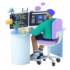 Wall Mural - Programmer or developer sitting at the desk and coding or programming. 3d rendering illustration. IT engineer or project manager communicate with team, researching and working on two computer monitors