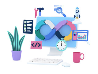 DevOps concept illustration. Abstract web screen for software development with icons of a plan, code, build, test, release, deploy, operate, monitor. 3d rendering image.