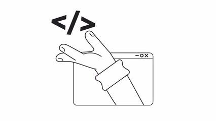 Wall Mural - animated mono scripting language. computer programming. 2d black and white flat character hand 4k vi