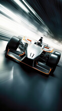 A White And Orange Open-wheel Race Car With A Sleek Design Speeding Down A Street, Creating Motion Blur, Made With Generative AI
