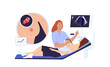Mammologist Ultrasound Doctor Sonographer,Examine Lacteal Gland,Cancer Swelling,Female Breast on Ultrasound Investigation.Digital Treatment.Research Female Curing.Medical Diagnostics Flat Illustration