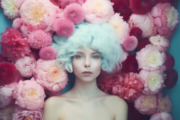 portrait woman beauty summer beautiful bouquet art fashion spring peony flower. Generative AI.