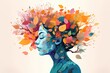 Vibrant female head with multicolored tree & leaves, surreal digital art, lively organic imagery. Generative AI